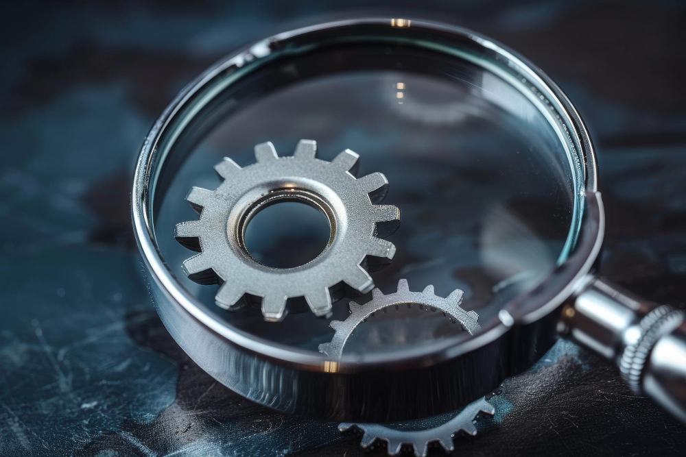 Magnifying glass over gears